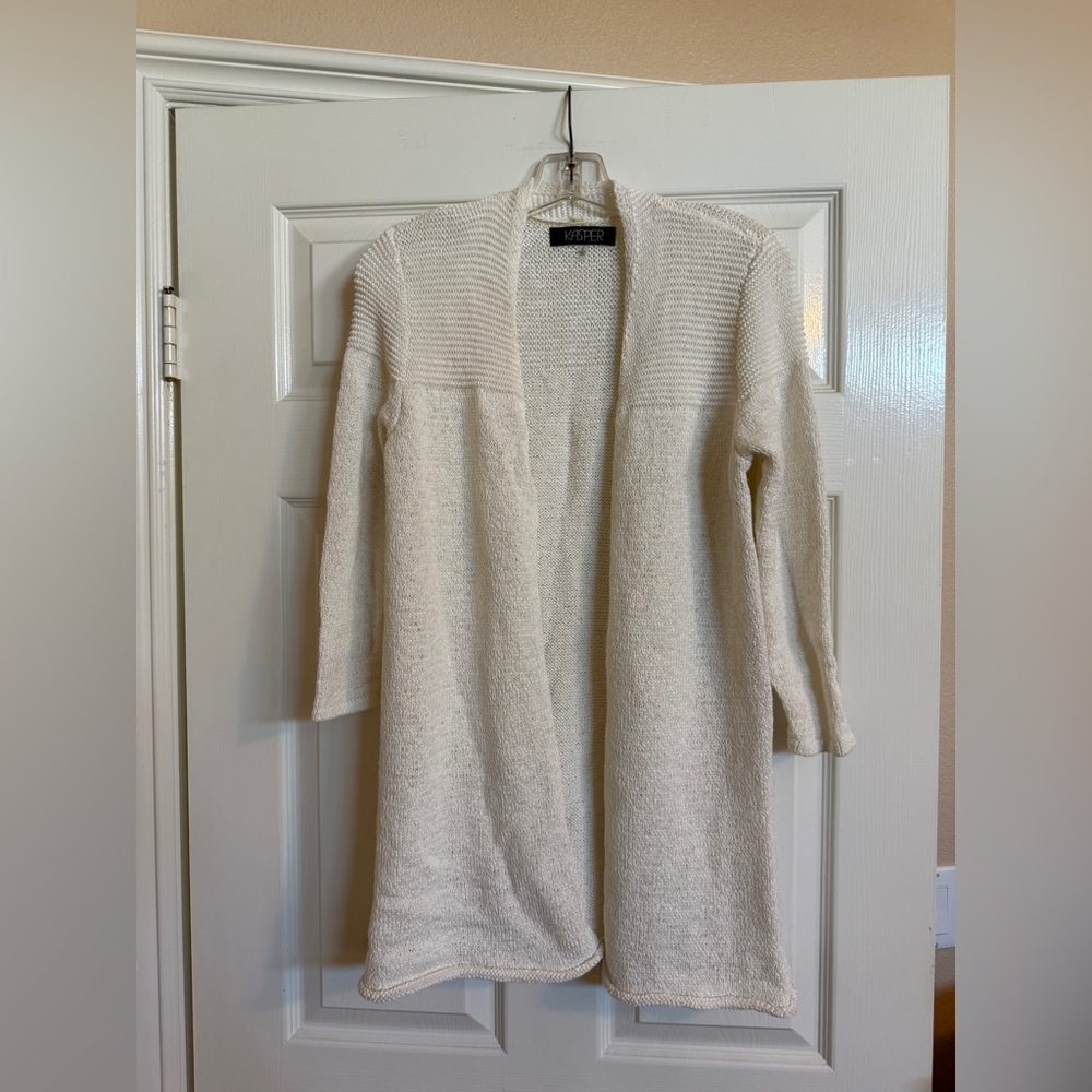 KASPER Ivory Open-Front Longline Knit Cardigan Small